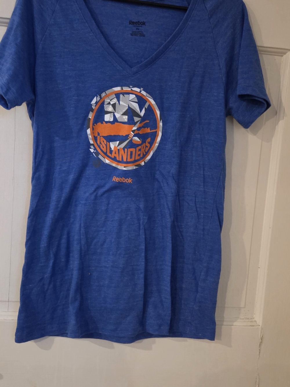 Reebok Royal Blue V-Neck Islanders Tee with Orange Logo
